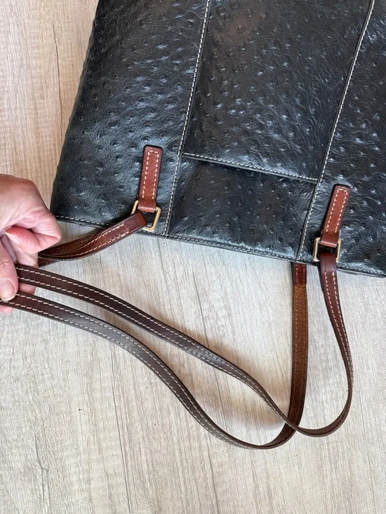 Dooney & Bourke Lexington Black Ostrich Style Leather Brown Trim Tote Bag - Picture 11 of 13